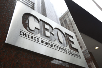 Cboe headquarters preparing for the launch of a new Bitcoin futures derivative product
