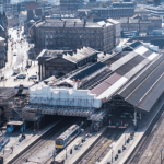 Huddersfield railway station platforms and tracks undergoing renovation during the Transpennine Route Upgrade works.