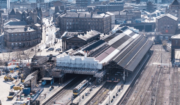 Huddersfield railway station platforms and tracks undergoing renovation during the Transpennine Route Upgrade works.