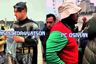 Inspector Darren Watson and Police Constable Abdi Osman of the Metropolitan Police force dressed up as Batman and Robin to arrest Con Artists on Westminster Bridge