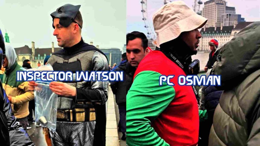 Inspector Darren Watson and Police Constable Abdi Osman of the Metropolitan Police force dressed up as Batman and Robin to arrest Con Artists on Westminster Bridge