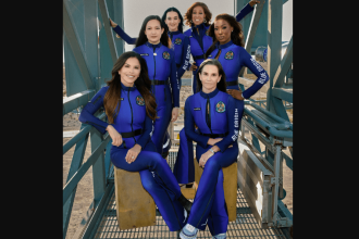 Katy Perry with The Blue Origin astronauts ahead of the launch