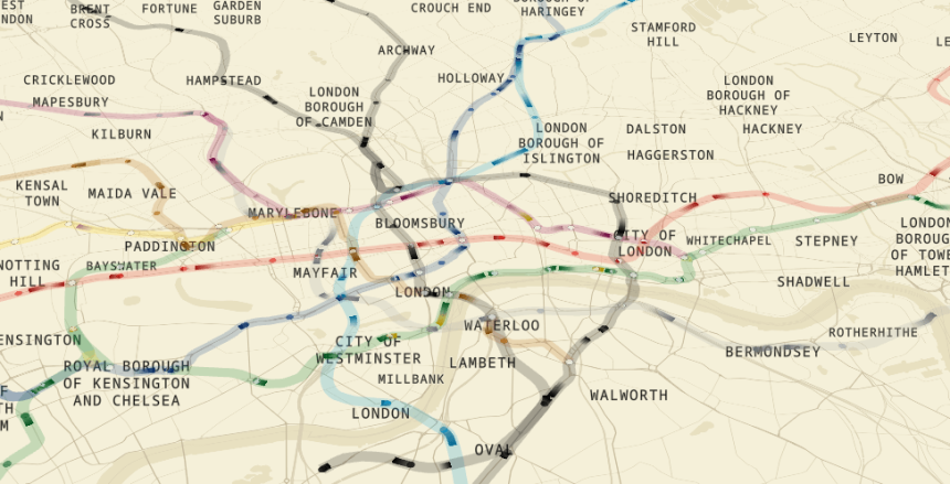 Real-time live London underground map displays exact tube train locations and arrival times