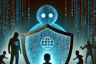 Conceptual image illustrating child online safety measures against AI-generated abuse and sextortion, highlighting the UK’s response through IWF’s Image Intercept and the Online Safety Act.