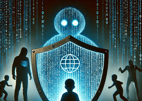 Conceptual image illustrating child online safety measures against AI-generated abuse and sextortion, highlighting the UK’s response through IWF’s Image Intercept and the Online Safety Act.