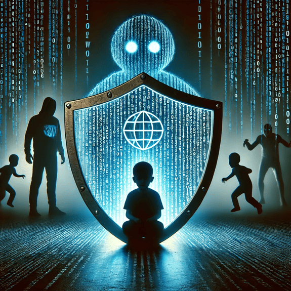 Conceptual image illustrating child online safety measures against AI-generated abuse and sextortion, highlighting the UK’s response through IWF’s Image Intercept and the Online Safety Act.